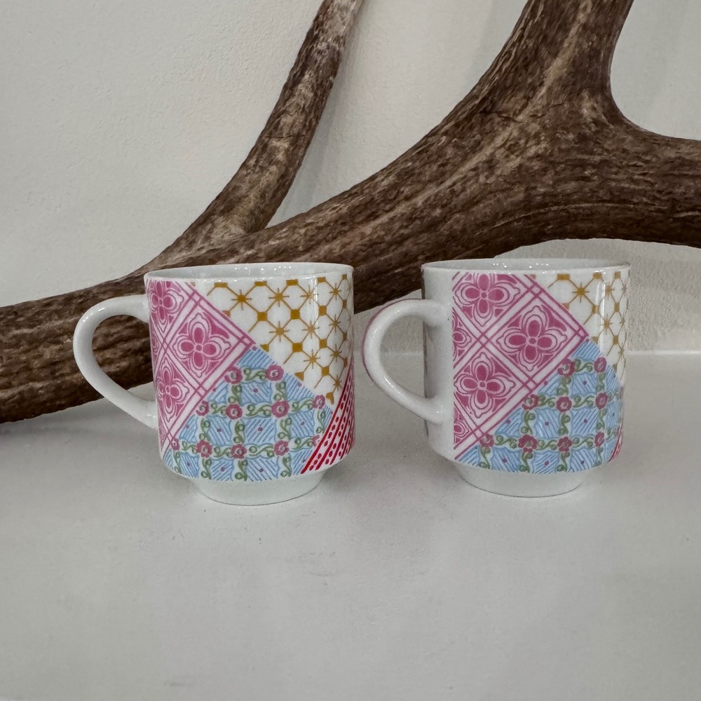 VINTAGE 70s Patchwork Quilt Stackable Espresso Mugs Set of 2 Pink & Blue Kitsch